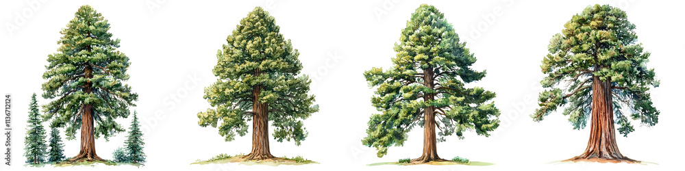Fototapeta premium Four distinct sequoia trees are depicted, showcasing their varying shapes, sizes, and foliage in a detailed, artistic representation.