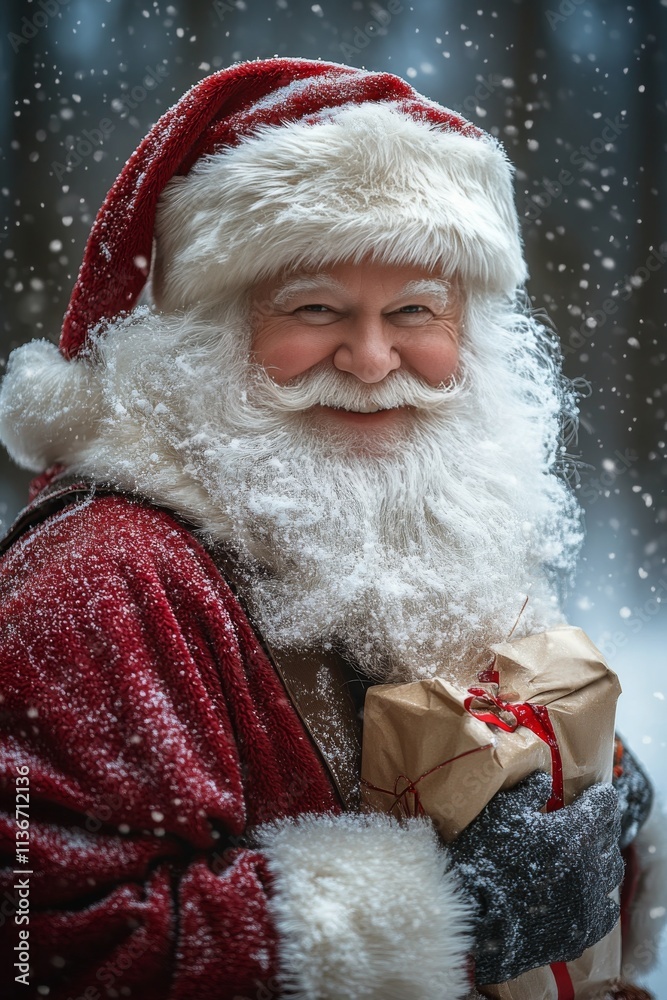 Santa Claus spreading joy in a festive winter market with snow and twinkling lights Santa Claus spreading joy in a festive winter market with snow and twinkling lights