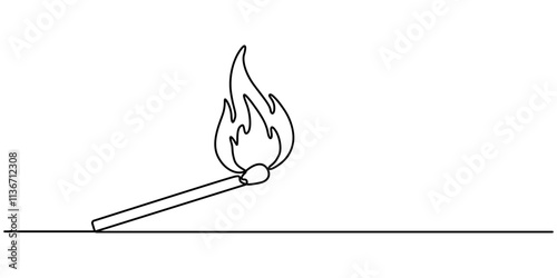 Continuous one line drawing of burning match. simple burning match stick line art vector illustration. Editable stroke, one continuous line drawing of match sticks.one line drawing of burning wooden. 