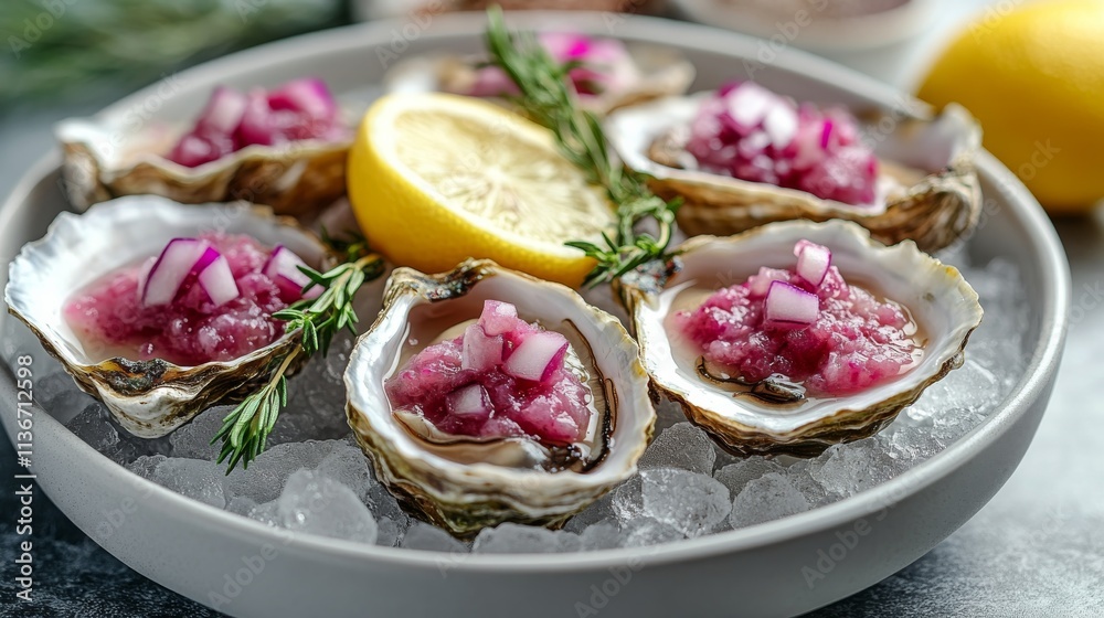 Delightful plate of fresh oysters served with onion and herbs in a culinary setting Delightful plate of fresh oysters served with onion and herbs in a culinary setting