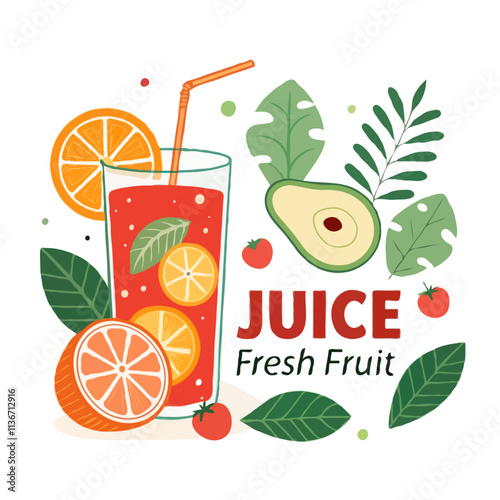 Colorful logo, stylized juice glass, filled with sliced fruits