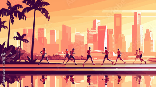 Men Jogging at Morning Sunrise in Singapore