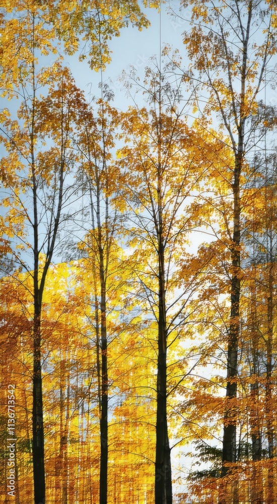Obraz premium Trees with yellow leaves in a forest with a bench