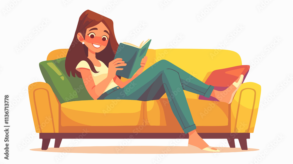 Happy Caucasian Woman Relaxing on Sofa with Book
