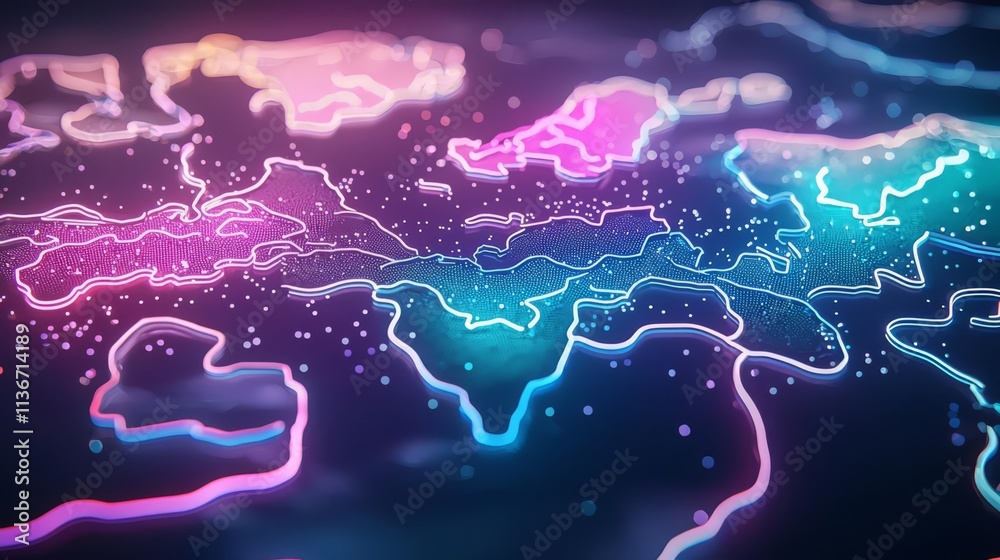 Colorful digital map with glowing lines. Colorful digital map with glowing lines.