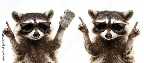 A comical raccoon with sunglasses gesturing, depicted on a white background