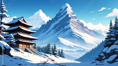 Aesthetic mountain exterior anime style in winter theme background