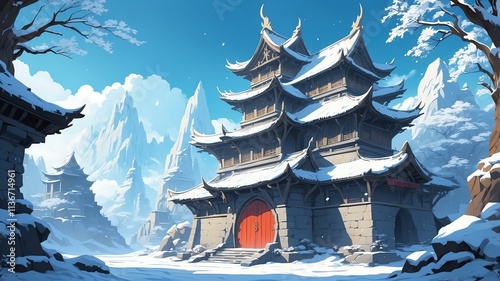 Aesthetic dragons lair exterior anime style in winter theme background photo