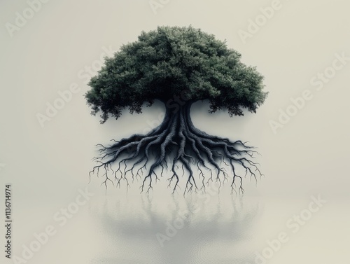 Black and white illustration of a tree with detailed branches and roots on a white background.