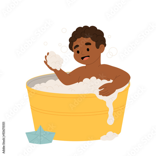 Cartoon african american boy kid takes a bath. Happy child sits in bathtub with soap bubbles. Cute preschooler character in bathroom isolated on white background. Flat vector illustration