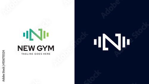 Fitness Gym Logo On Letter N. Fitness Club Icon With Exercising Equipment. Initial Alphabet Letter N GYM Logo Design Template