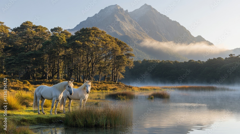 Obraz premium Rolling hills and majestic mountains with horses grazing near a serene lake at sunset