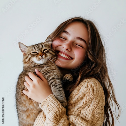 A girl holding a cat and smiling isolated on a white background