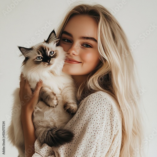 A girl holding a cat and smiling isolated on a white background