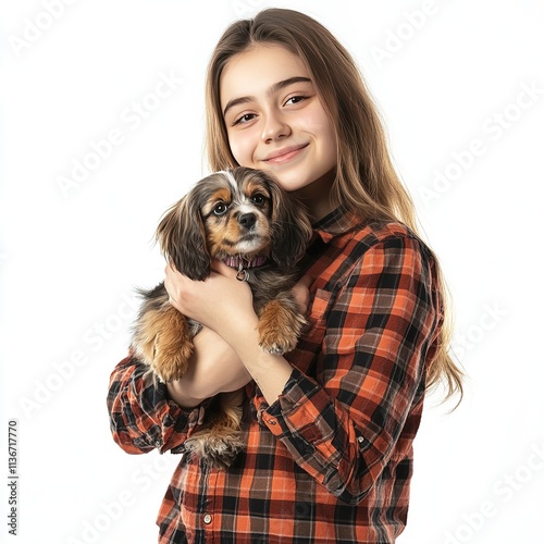 A girl in a plaid shirt holding a dog and smiling isolated on a white background