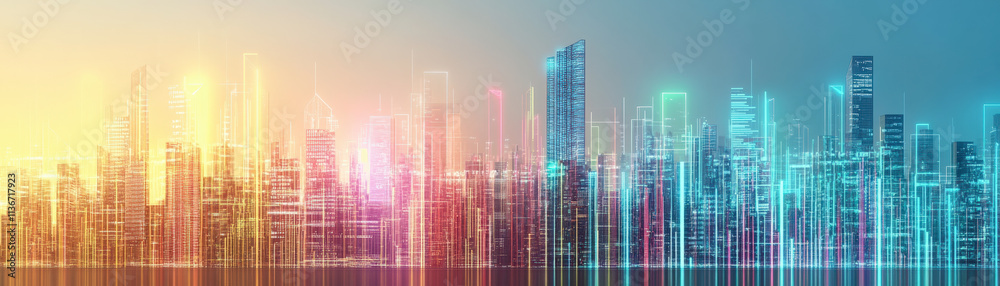 A vibrant cityscape features colorful skyscrapers against a blended sunset sky, emphasizing an artistic representation of urban life and architectural innovation. A vibrant cityscape features colorful skyscrapers against a blended sunset sky, emphasizing an artistic representation of urban life and architectural innovation.