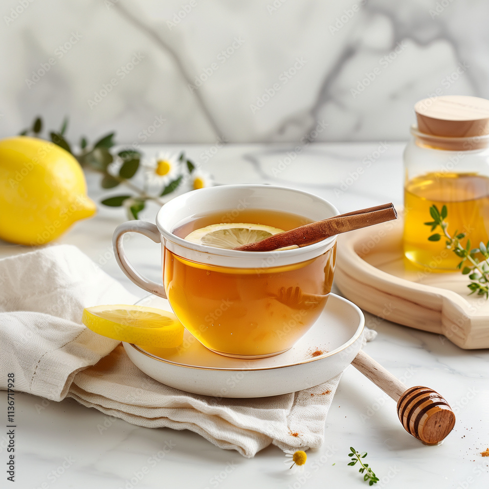 Cup of Tea with Lemon, Cinnamon, and Honey on Wooden Table Cup of Tea with Lemon, Cinnamon, and Honey on Wooden Table