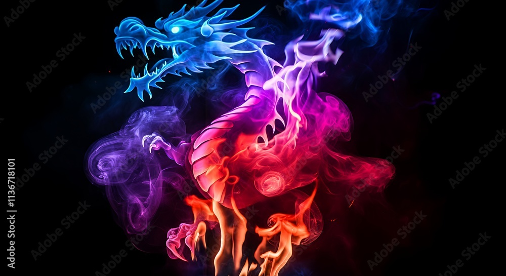 A trippy dragon made of smoke and fire, glowing in vivid neon blues, reds, and purples. A trippy dragon made of smoke and fire, glowing in vivid neon blues, reds, and purples.