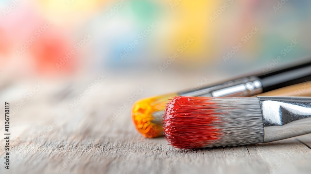 Fototapeta premium A close up of two paintbrushes on a wooden table