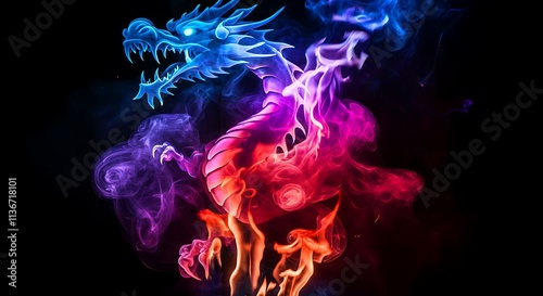 Wallpaper Mural A trippy dragon made of smoke and fire, glowing in vivid neon blues, reds, and purples. Torontodigital.ca