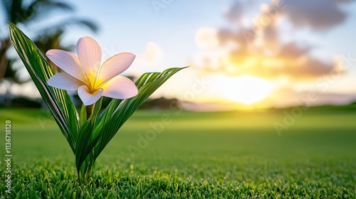 A single flower in the middle of a lush green field