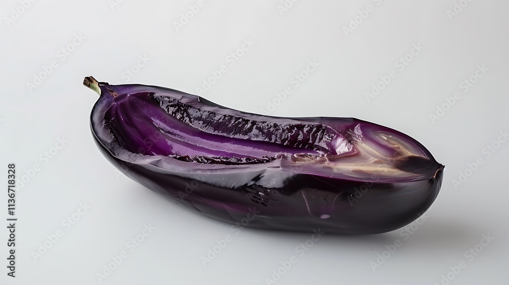 A sliced eggplant with its glossy purple skin, set on a clean white background A sliced eggplant with its glossy purple skin, set on a clean white background