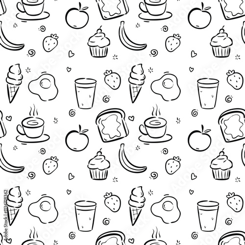 hand drawn line art doodle seamless pattern with breakfast food for wallpaper, prints, wrapping paper