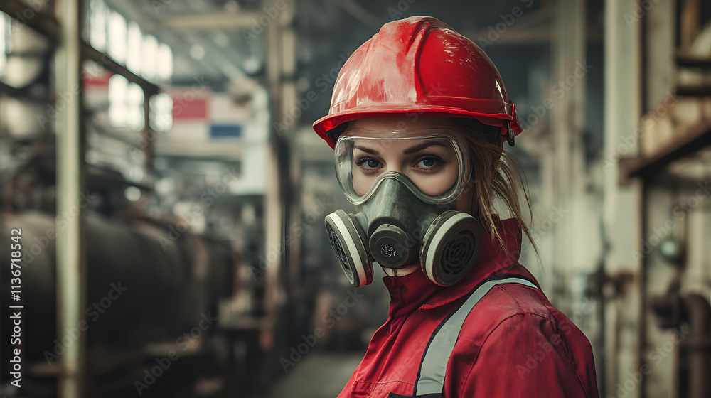 A woman adorned in a vibrant red helmet and protective gas mask stands confidently in a hazardous work environment. Her sturdy attire hints at the dangerous nature of her surroundings. A woman adorned in a vibrant red helmet and protective gas mask stands confidently in a hazardous work environment. Her sturdy attire hints at the dangerous nature of her surroundings.