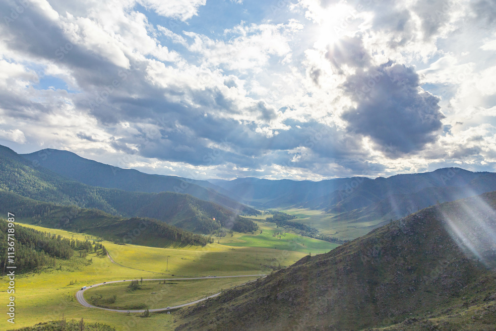 Fototapeta premium Beautiful view of the valley from the Chike Taman pass. Chuisky tract (or Chuya Highway), Altai republic, Russia