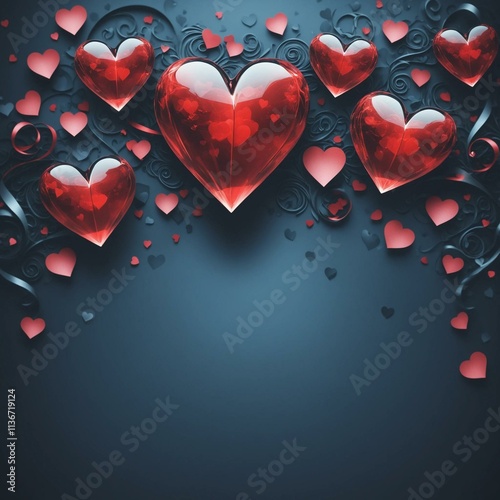 Valentines day background, animated red hearts on grey black, love theme abstract background