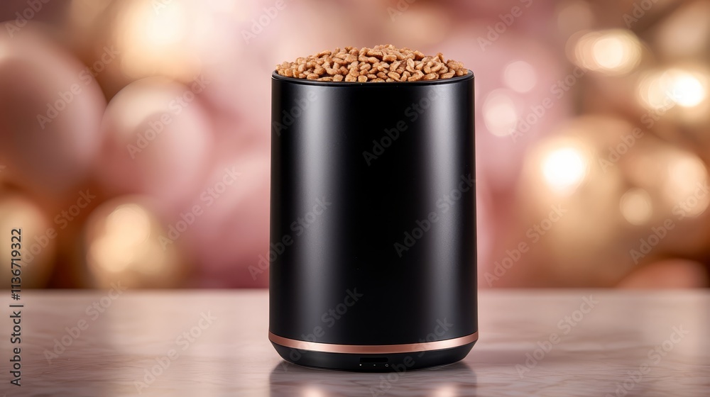 A black canister filled with cereal sitting on top of a table