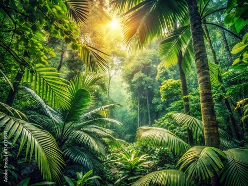 Vintage Style Tropical Forest Photography Capturing Sunlight Filtering Through Lush Green Canopy, Evoking Serenity and Natural Beauty in a Warm Atmosphere