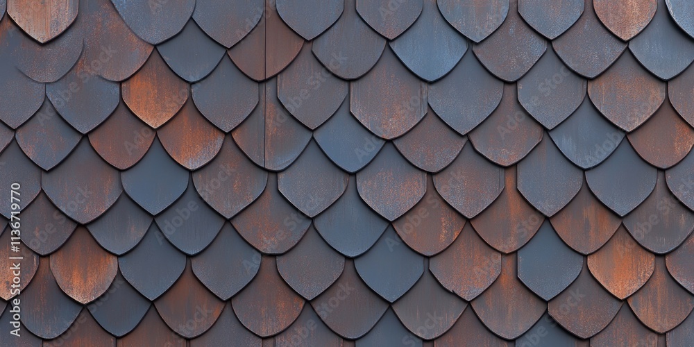 Texture of a decorative metal roof featuring curved shingles reflecting age and weathering Texture of a decorative metal roof featuring curved shingles reflecting age and weathering