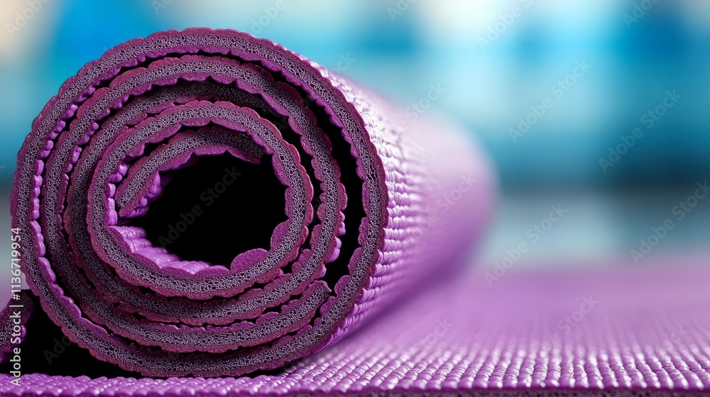 Obraz premium A rolled up purple yoga mat on a blue background