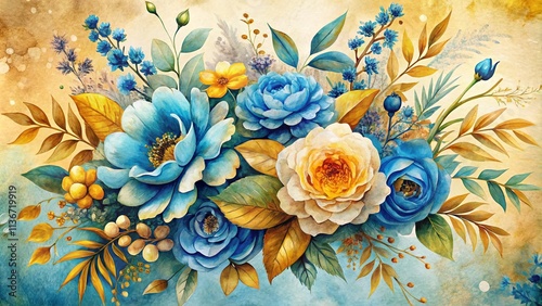 Vintage Style Watercolor Floral Arrangement with Blue and Gold Color Palette, Isolated Flower Bouquets of Leaves and Blossoms, Perfect for Elegant Home Decor and Artistic Projects