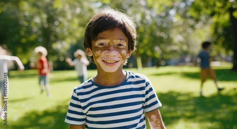 Hispanic young boy with vitiligo smiling in park, celebrating diversity and childhood joy Hispanic young boy with vitiligo smiling in park, celebrating diversity and childhood joy