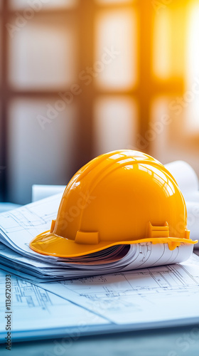 safety yellow hat on a stack of construction blueprints. photo