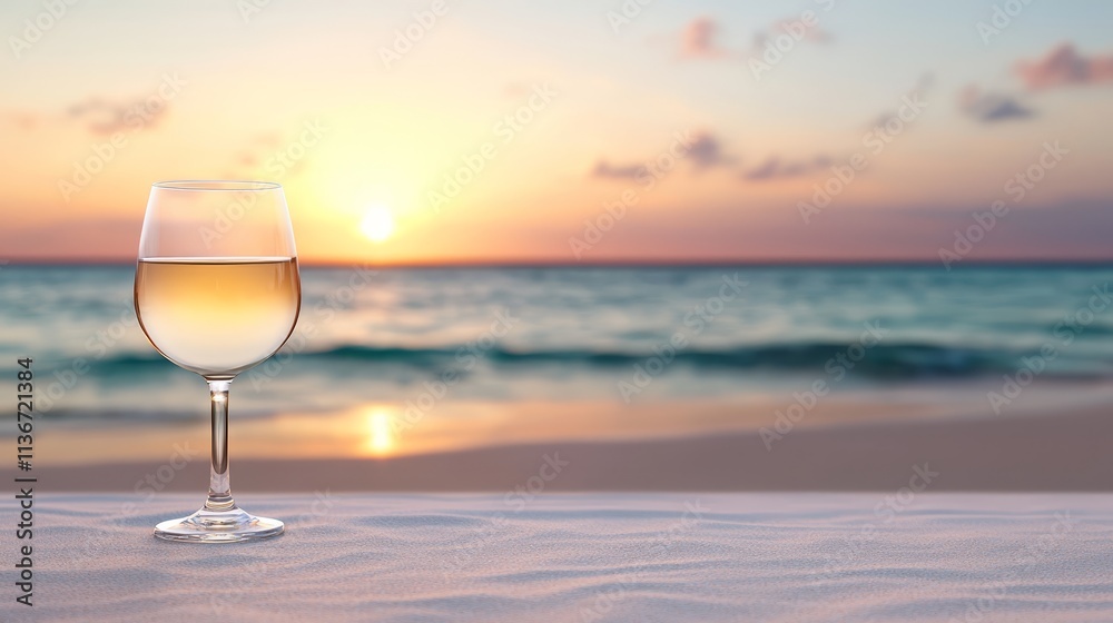 A glass of white wine sitting on top of a sandy beach A glass of white wine sitting on top of a sandy beach