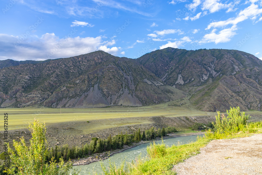 Fototapeta premium Beautiful view from the Chuisky tract (or Chuya Highway) to the Katun river. Chuisky tract (or Chuya Highway), Altai republic, Russia