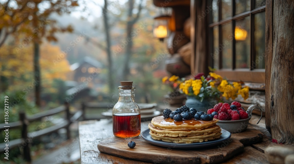 Delicious pancakes topped with fresh berries and syrup on a rustic wooden table Delicious pancakes topped with fresh berries and syrup on a rustic wooden table