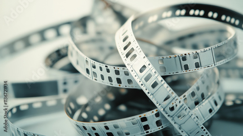 A tangled coil of film strips, representing the classic art form of cinema and storytelling, with perforated edges and transparent frames.