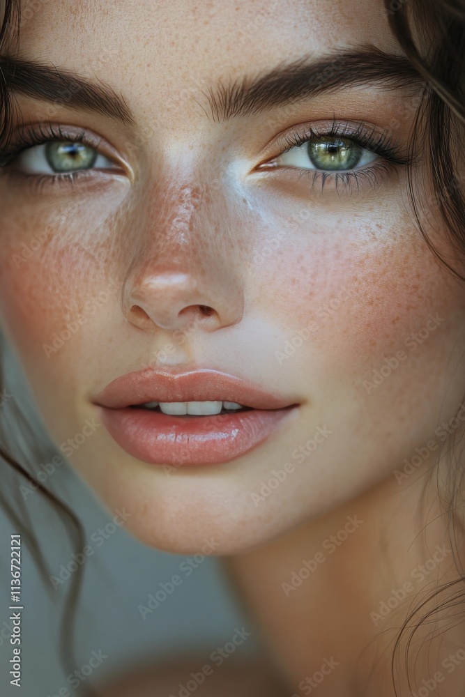 Beautiful young woman with natural makeup showing serene expression against plain background Beautiful young woman with natural makeup showing serene expression against plain background