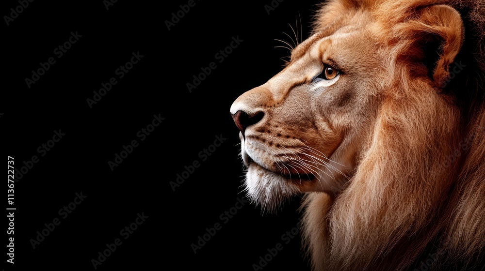 Fototapeta premium A close up of a lion's face on a black background