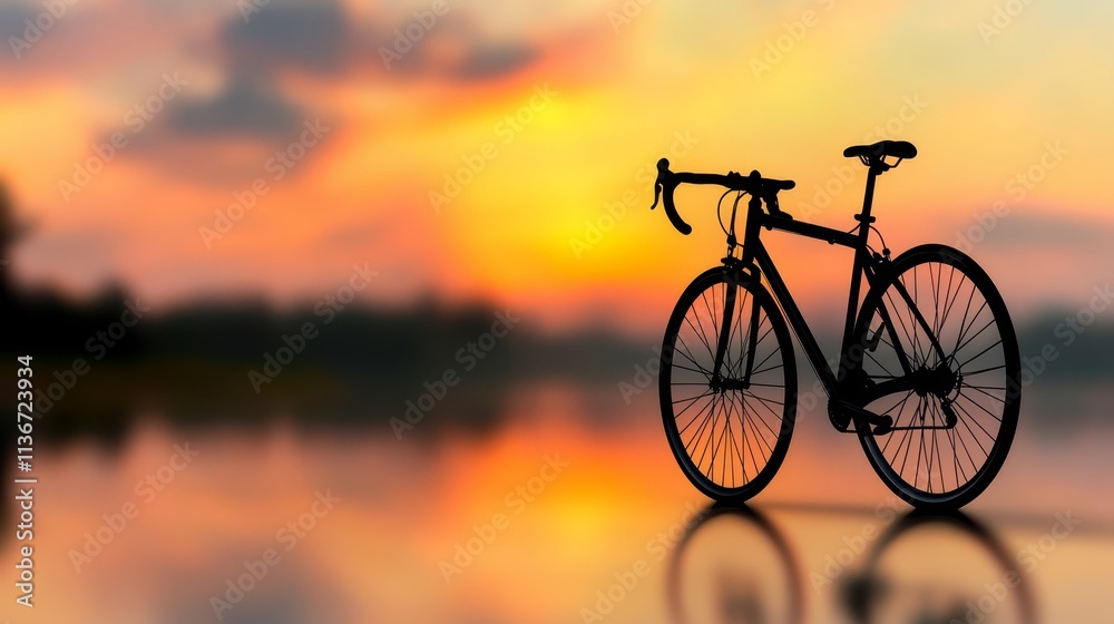 Fototapeta premium A bicycle is silhouetted against a sunset over a lake