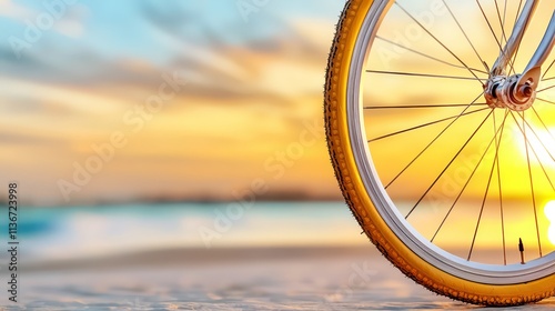 A bicycle wheel on the beach at sunset