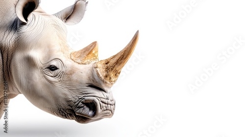 A close up of a white rhino on a white background photo