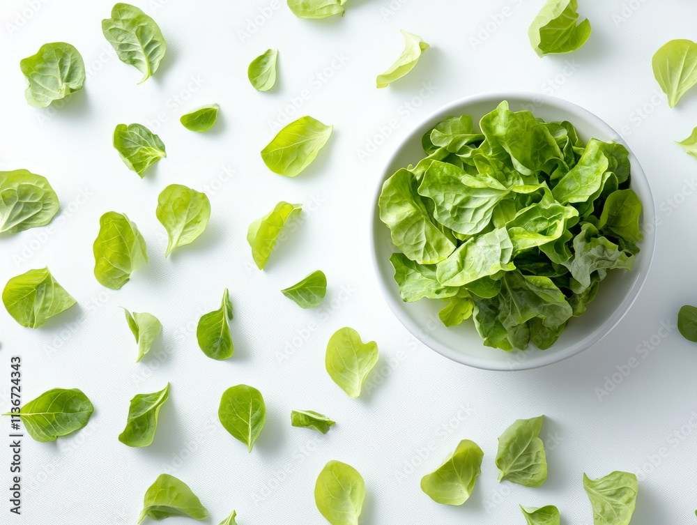 Obraz premium Healthy Organic Lettuce Leaves Ready for Salad Preparation on Clean Surface, Vegetables Green