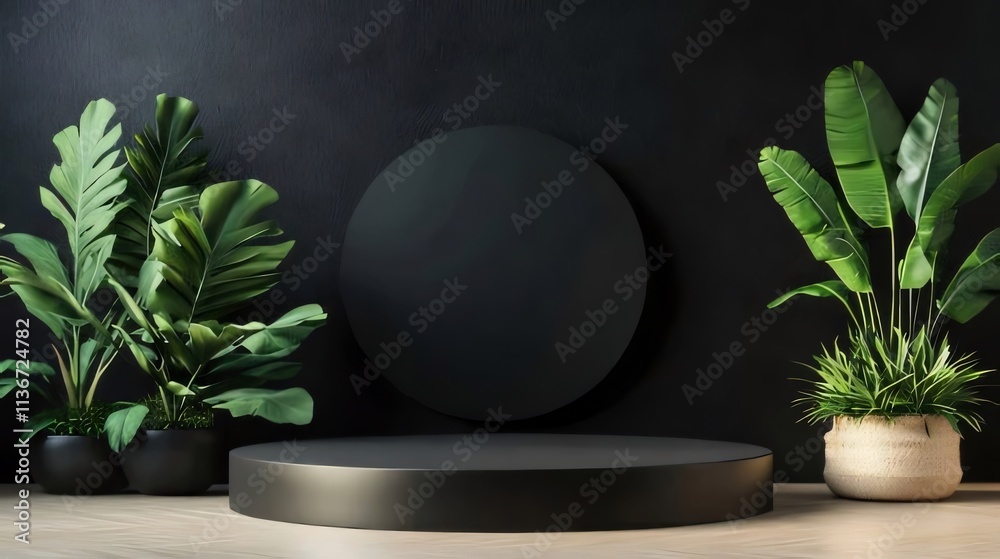 Black round podium with tropical plants against a dark wall. Black round podium with tropical plants against a dark wall.