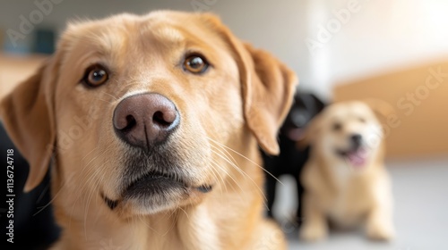 A close up of a dog looking at the camera