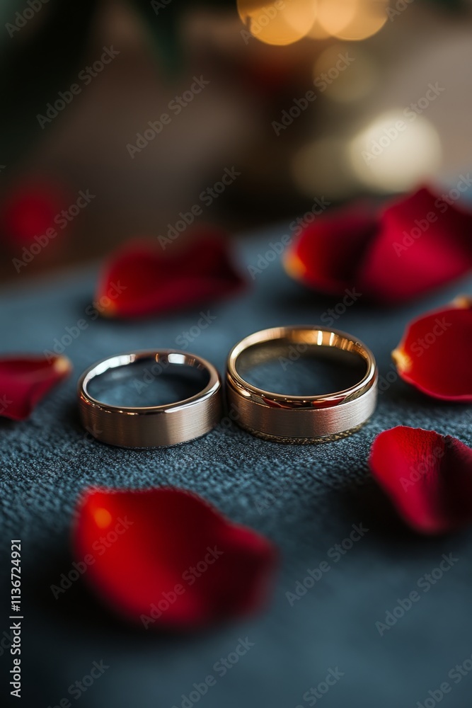 Elegant wedding rings placed on rose petals for a romantic atmosphere Elegant wedding rings placed on rose petals for a romantic atmosphere